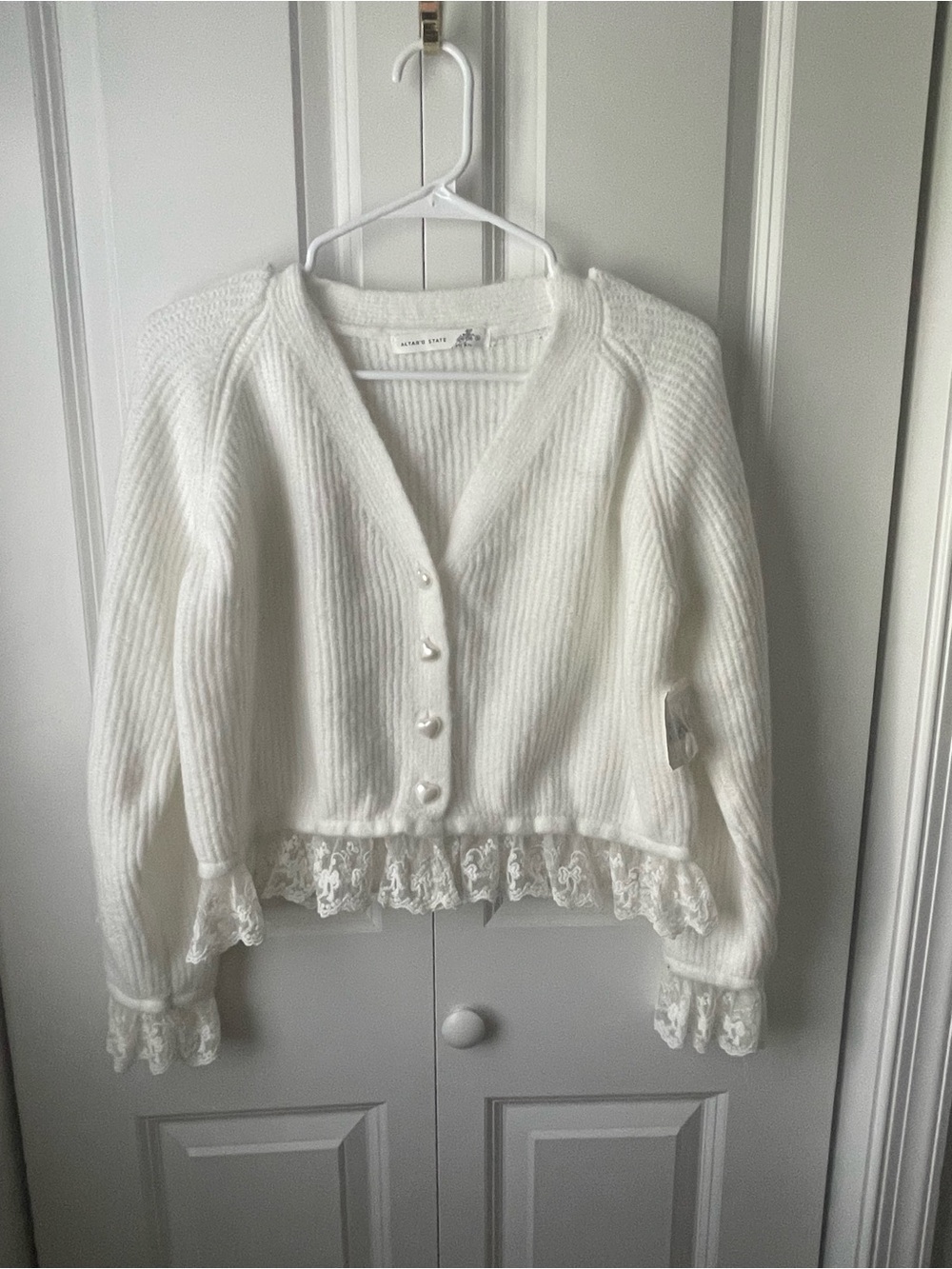 Altar’d State | White Lace-Trim V-Neck Cardigan